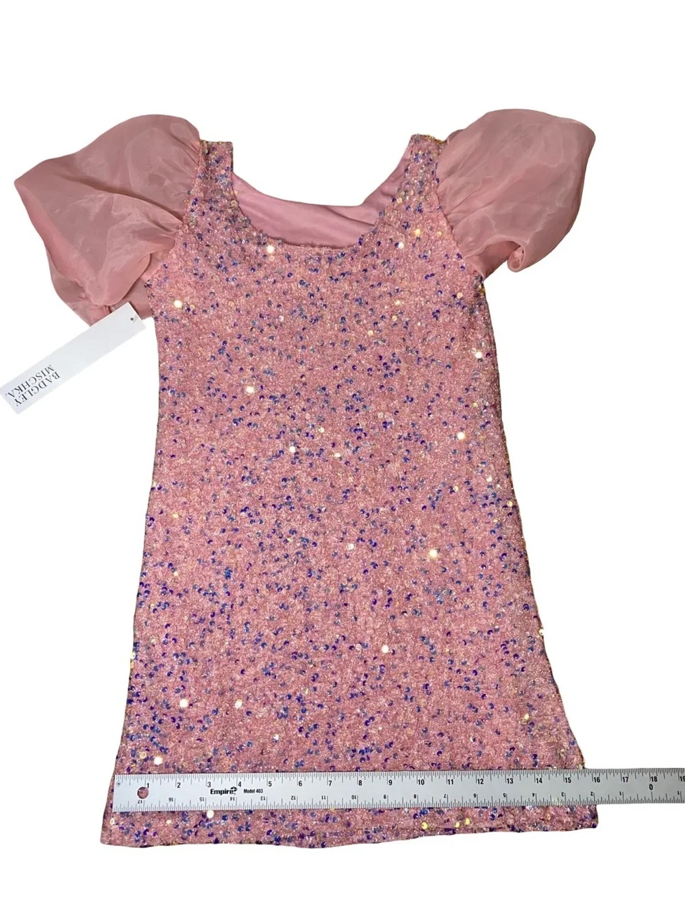 Badgley Mischka Girls Pink Sequin Sheath Dress Organza Puff Sleeve Size 12 NWT
